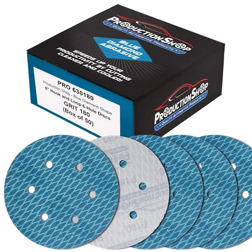 Miniatura 10 de ProductionShop Premium - Discos de lijado azules con forma de rombo de grano 80 de 6 pulgadas, 6 agujeros, caja de 50 – Papel de lija sin polvo