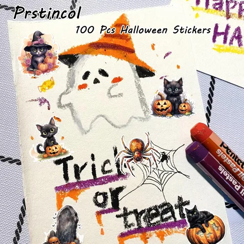 Miniatura 2 de 100 calcomanías de gato negro y bruja, calcomanías de calabaza horrible para álbumes de recortes, diario basura, collages, recuerdos de fiesta