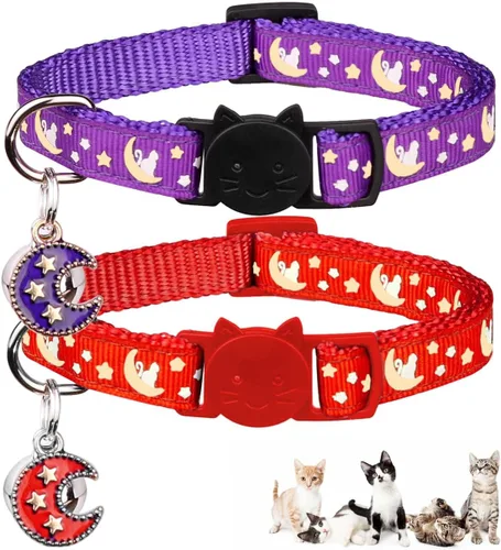 Miniatura 19 de Baeuppit 2 collares de gatos separables para niños y gatos, ajustables, con campana, color negro y azul claro Negro + azul claro