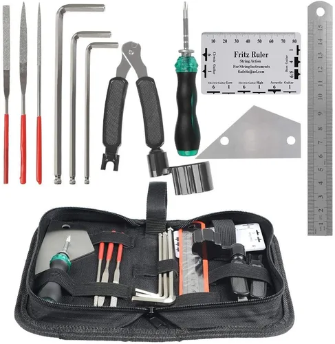 TIMESETL Kit de herramientas de mantenimiento de reparación de guitarra, incluye herramienta de nivelación de traste Fret Rocker, organizador de
