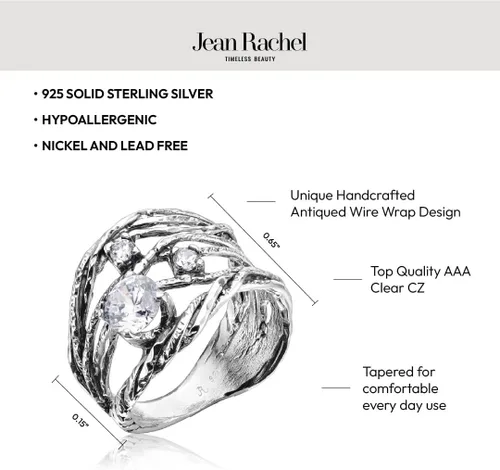Miniatura 5 de JEAN RACHEL JEWELRY Anillo de plata de ley 925, diseño vintage calado con circonita cúbica, hipoalergénico, sin plomo ni níquel, anillos hechos a