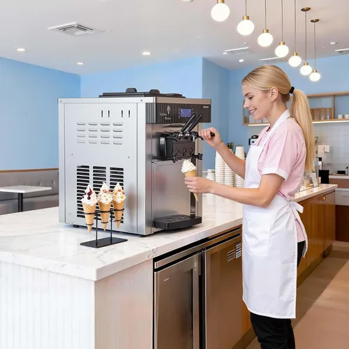 Miniatura 8 de VEVOR Máquina de helados comercial, rendimiento de 20-28 L/H, 2200 W 3 sabores para encimera de helado suave con 2 tolvas de 6 L y agitación