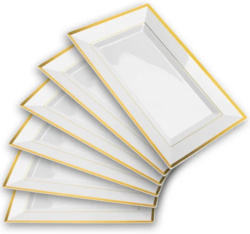 Elegante juego de bandejas y platos de plástico (6 unidades) - Bandejas y platos desechables con borde blanco y dorado para alimentos - Bodas,