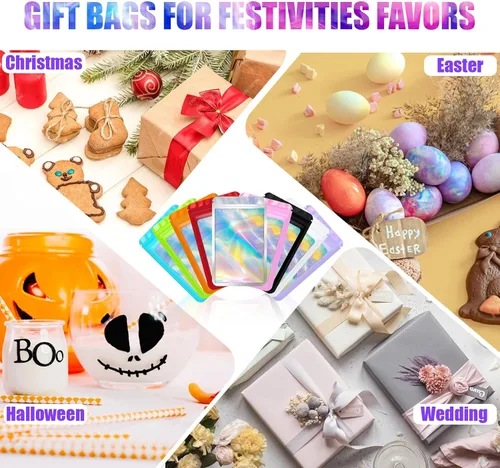 Miniatura 4 de Jetmore 100 piezas Bolsas Holográficas Mylar Resellables para Pequeñas Empresas Bolsa de Embalaje Sellable para Dulces Almacenamiento de Alimentos