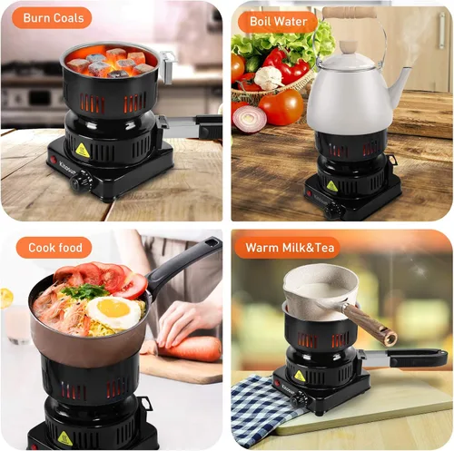 Miniatura 6 de Quemador eléctrico de carbón de coco de 600 W ETL para barbacoa camping cocina Fast Heating Coal Burner Hot Plate, Detachable Handle, Stainless