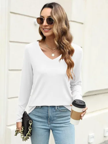 Miniatura 5 de Micticsi Camisetas de manga larga con cuello en V para mujer, estilo casual, color sólido, camisetas básicas para otoño 2023