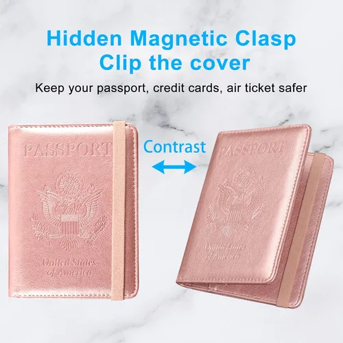 Miniatura 3 de ACdream - Funda para pasaporte, billetera o cartera de viaje de piel con bloqueo RFID para pasaporte con cierre de banda elástica, Ab-oro rosa)