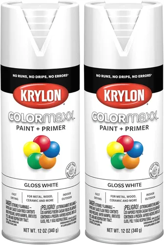 Krylon K05545007 COLORmaxx Pintura en aerosol y base para uso en interiores y exteriores, color blanco brillante, 12 onzas (paquete de 2)