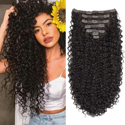 Miniatura 9 de Extensiones de cabello sintético con clip, extensiones de cabello sintético negro y rubio miel, extensiones de cabello rizado Jerry para mujeres