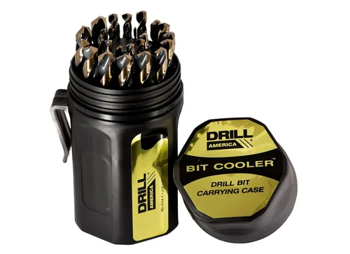 Juego de 25 brocas Drill America de la serie Killer Force en estuche redondo, longitud jobber, de alta resistencia, brocas de acero de alta
