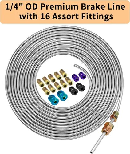 Miniatura 7 de Kit de línea de freno de 1/4 pulgadas, rollo de tubo de freno de acero inoxidable resistente de 25 pies con 16 accesorios para sistemas de freno