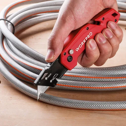 Miniatura 5 de WORKPRO Cuchillo utilitario plegable, hoja de cambio rápido, mango de nailon ligero, cortador de utilidad con 10 cuchillas adicionales Rojo