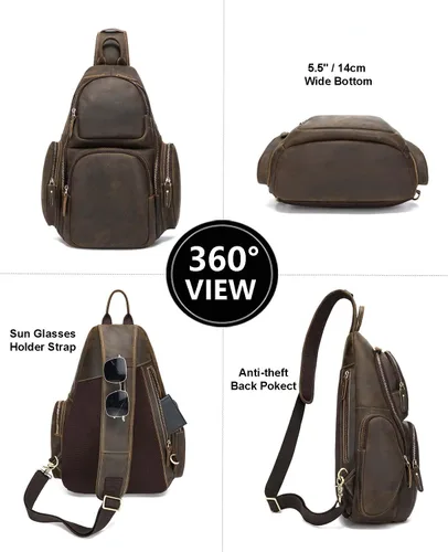 Miniatura 4 de Bolsa de cuero genuino de grano completo, se adapta a portátil de 14 pulgadas, pecho de viaje cruzado bandolera bandolera mochila bolsa de día 17L