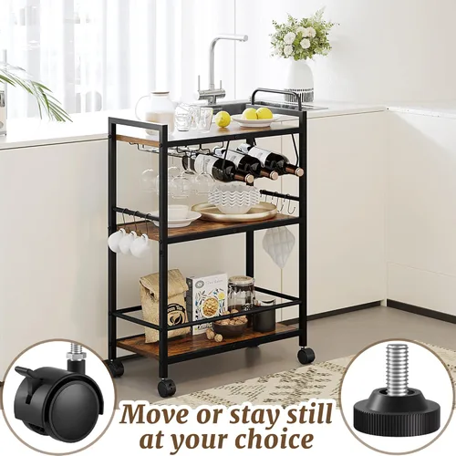 Miniatura 6 de Carrito de Servicio para Bar Doméstico, Carrito de Servicio con Ruedas y Mango, Carrito de Cocina Rodante de 3 Niveles, Carrito para Microondas