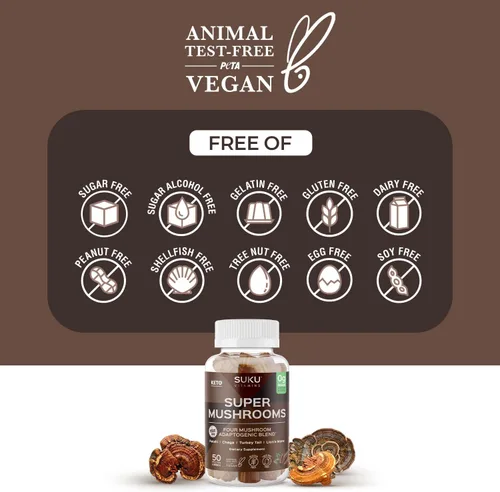 Miniatura 8 de SUKU Vitamins - Super Mushroom -Gomitas de mezcla de reishi chaga, cola de pavo y melena de leones para inmunidad - Fácil de masticar - Sin OMG, sin