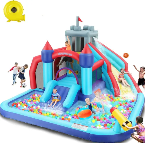 AKEYDIY Toboganes acuáticos inflables, estilo castillo, parque acuático inflable al aire libre con escalada, borde de baloncesto, piscina de