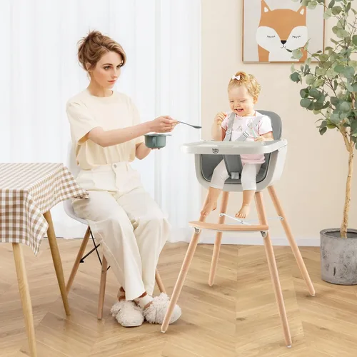 Miniatura 9 de BABY JOY Trona convertible para bebé, 3 en 1, silla alta/elevado/asiento de madera con bandeja extraíble, patas ajustables, arnés de 5 puntos, cojín