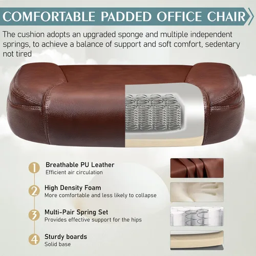 Miniatura 5 de Silla de cuero PU con soporte ergonómico lumbar, gira 360°, pequeña, ruedas, reposabrazos ajustables, para gente chaparra, para escritorio, Marrón