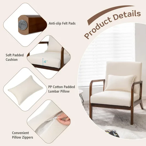 Miniatura 6 de Giantex Juego de 2 sillas decorativas modernas con almohada, cómodo sillón tapizado con almohadillas de fieltro antideslizantes, marco de madera