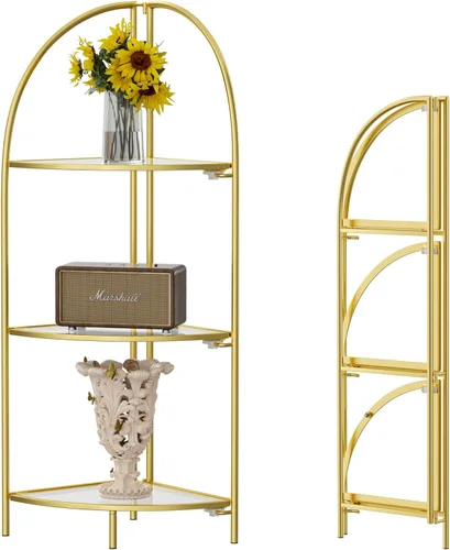 Miniatura 7 de Crofy Estante esquinero plegable de 3 niveles, soporte de esquina de metal para plantas con marco negro y estantes negros, estante de exhibición