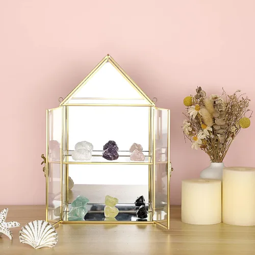 Miniatura 7 de ELLDOO Caja de almacenamiento de cristal transparente de 2 niveles, estuche organizador de maquillaje de joyería con espejo dorado, caja de torre