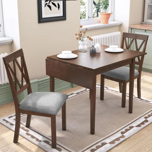 P PURLOVE Juego de comedor de 3 piezas para cocina, juego de mesa de comedor de madera con mesa de comedor de hojas abatibles y 2 sillas tapizadas