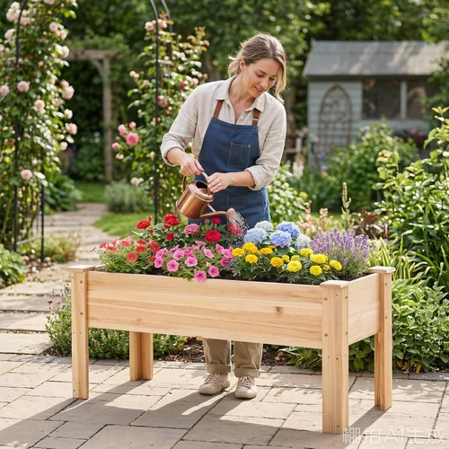 Miniatura 2 de HAPPYGRILL Cama de jardín elevada, maceta de madera con patas, 5 agujeros de drenaje, cama de jardín elevada para verduras y flores, contenedor