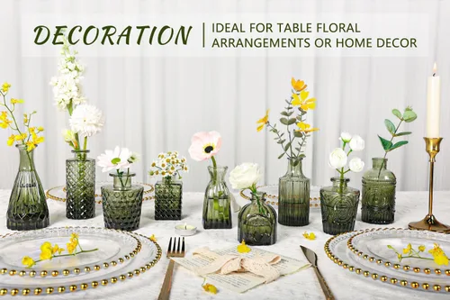 Miniatura 3 de SUPMIND Juego de 12 jarrones de cristal, pequeños jarrones de flores verdes para centros de mesa a granel, mini jarrón vintage para boda, hogar