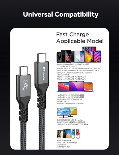 Miniatura 7 de Cable USB 4 de 80 Gbps para cable Thunderbolt 5, [certificado USB-IF], cable de datos USB C de 120 Gbps, carga rápida PD de 240 W, cable de monitor