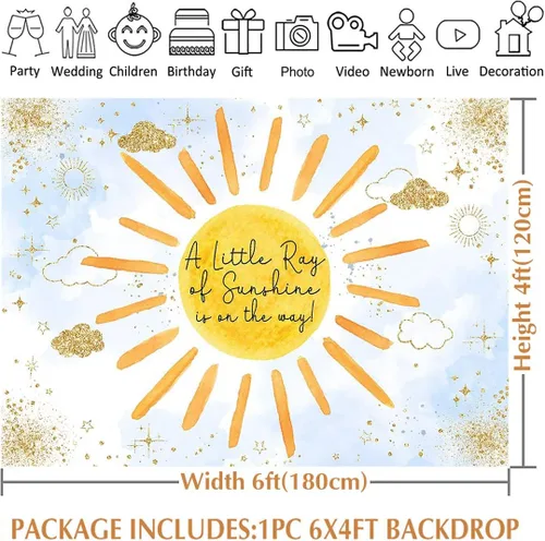 Miniatura 3 de Avezano Sunhine - Telón de fondo de baby shower para bebé niño Un pequeño rayo de sol está en camino, fondo fotográfico con purpurina, nube