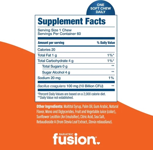 Miniatura 4 de Bariatric Fusion Bariatric Probiotic Soft Chews Vitamina bariátrica masticable de sabor tropical naranja Bacillus Coagulans 10 mil millones