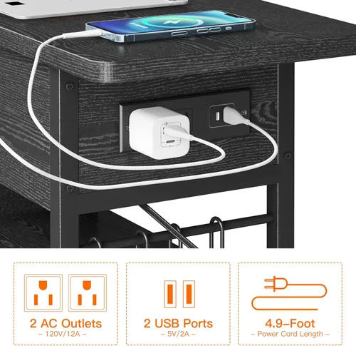 Miniatura 5 de Mesa auxiliar con estación de carga, mesita de noche abatible con puertos USB y tomas, mesa auxiliar de sofá con bolsa de tela y ganchos, mesita