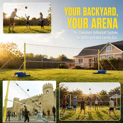 Miniatura 4 de Red de voleibol con postes, postes de voleibol resistentes para patio trasero, con estacas de metal y cuerda resistente al viento, altura ajustable