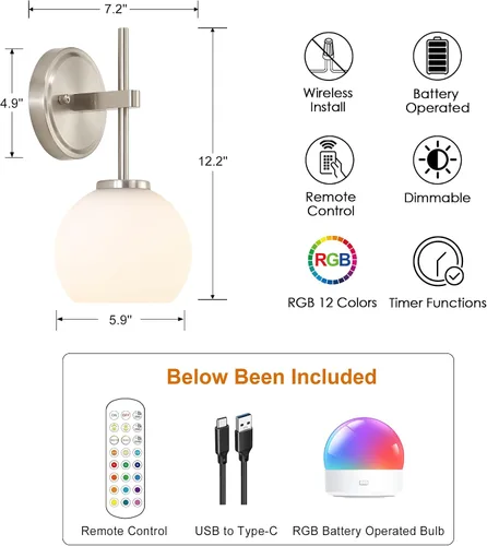 Miniatura 6 de Juego de 2 apliques de pared de níquel cepillado que funcionan con pilas, iluminación de pared inalámbrica recargable con control remoto, luces