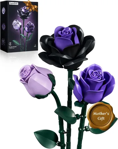 Miniatura 9 de iATOM Juego de construcción de flores de rosas negras, paquete de 3, regalo para el día de la madre, ella, novia, esposa, pareja, gótico, emo