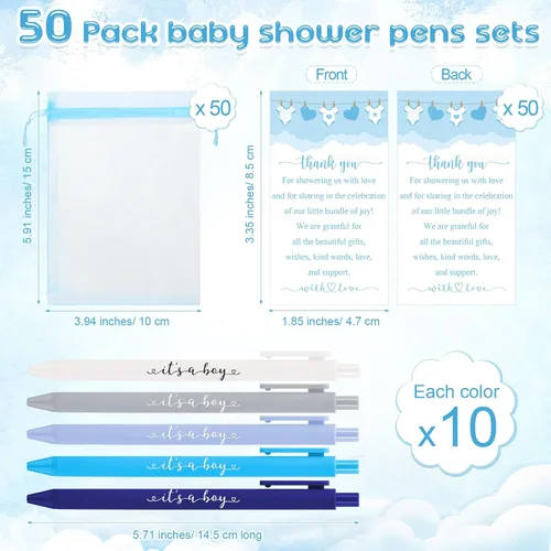 Miniatura 2 de Chuangdi Juego de 50 bolígrafos de baby shower, recuerdos para invitados, bolígrafos con texto en inglés "It's a Boy Girl", tarjetas de Azul