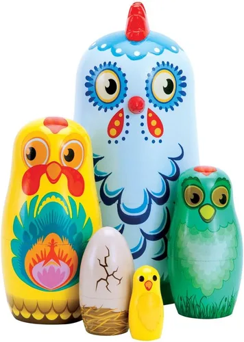 Bits and Pieces - "Hazel & Friends Nesting Chickens - Muñecas anidables de madera pintadas a mano - Matryoshka - Juego de 5 muñecas de 5-1/2" de alto