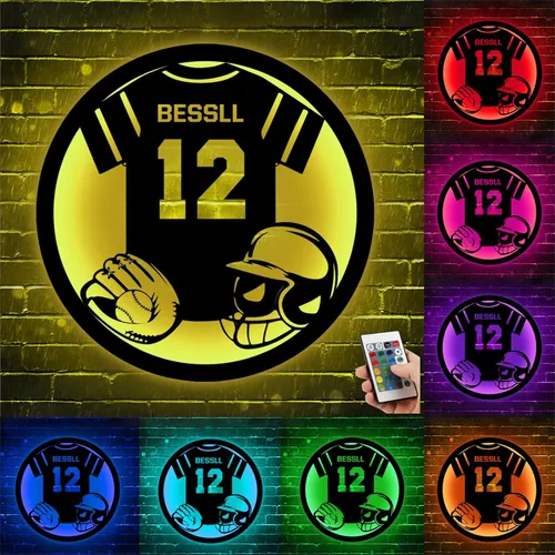 Miniatura 14 de Letrero de metal de béisbol personalizado con luz LED, nombre de camiseta de béisbol personalizable, número, decoración de pared, regalo para casco