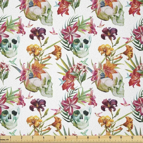 Miniatura 47 de Ambesonne The Yard, tela de calavera colorida con temática de Halloween, diseño de calavera y huesos cruzados, divertido estampado de dibujos