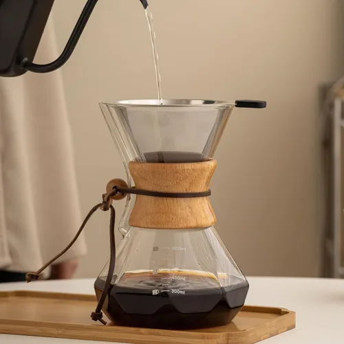 Miniatura 2 de Cafetera de Goteo con Funda de Madera, Cafetera de Goteo de 13.5oz/400ml, Juego de Cafetera de Goteo con Tapón de Corcho (13.5oz/400ml)