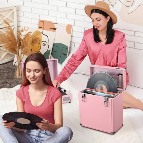 Miniatura 6 de Caja de almacenamiento de discos de vinilo Hododou con candado Organizador de discos Almacenamiento para más de 30 discos individuales de 12 Rosa