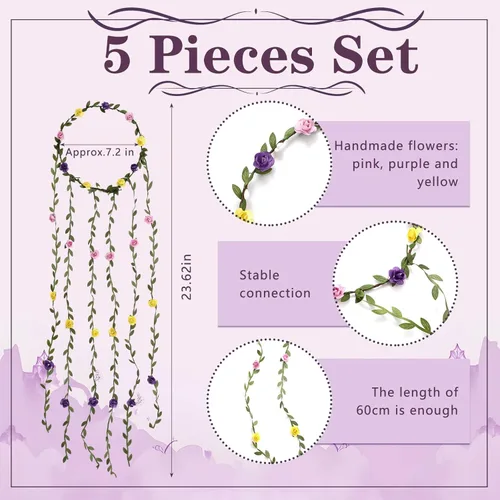Miniatura 2 de EBOOT 5 Pieces Princess Themed Flower Crown Wreath Headband Garland Multicolor Headbands Floral Headpiece for Wedding Festival Vacation Fairy Party