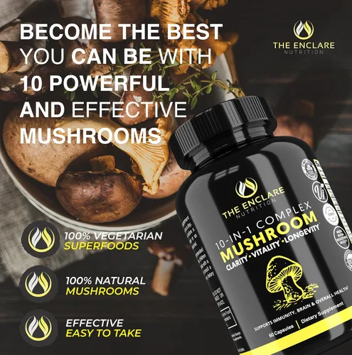 Miniatura 7 de THE ENCLARE NUTRITION Suplemento de hongos Complejo 10 en 1 Apoyo Inmunológico Melena de Leones, Reishi, Cola de Pavo, Cordyceps, Chaga, Maitake