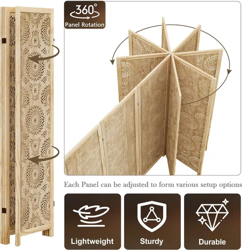 Miniatura 5 de WelFurGeer Divisor de habitación de madera hecho a mano, pantalla de privacidad plegable de 4 paneles con paneles ajustables de 360°, divisores