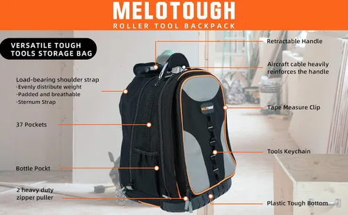 Miniatura 2 de Mochila con ruedas con ruedas, organizador de herramientas profesional de comerciante resistente con 37 bolsillos e interior grande, resistente al