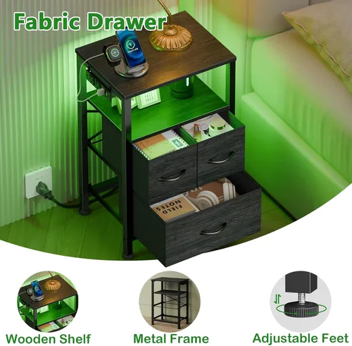 Miniatura 6 de Furnulem Mesita de noche negra con estante de madera, mesa auxiliar con luz LED y estación de carga, mesita de 25.8 pulgadas con 3 cajones