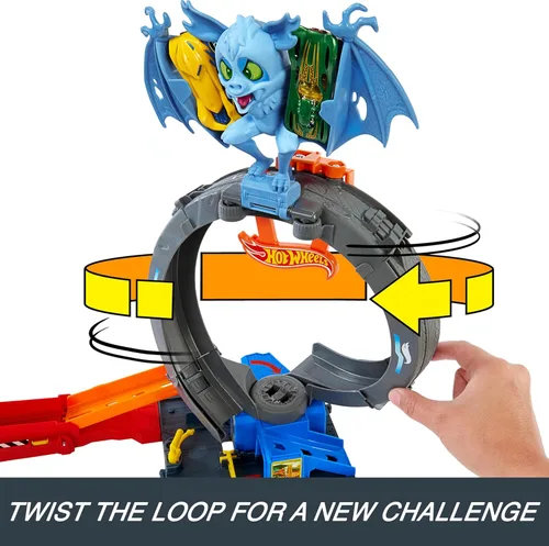Miniatura 4 de Hot Wheels City Toy Car Track Set, Bat Loop Attack con lazo ajustable y lanzador, vehículo a escala 1:64, se conecta a otros