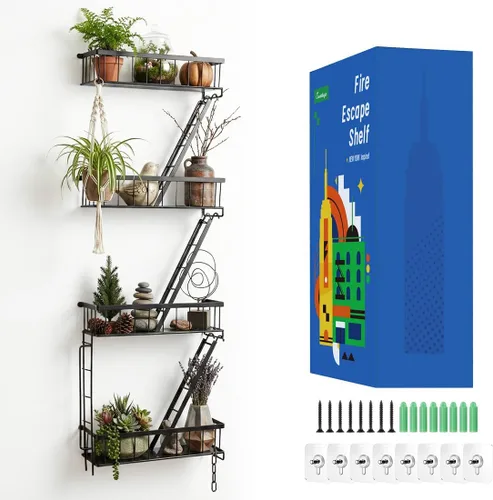 Miniatura 8 de SweetSage Estante de Pared para Salida de Emergencia - Estante Decorativo de Escalera de Nueva York, Estante Flotante de Arte de Pared en Metal Negro