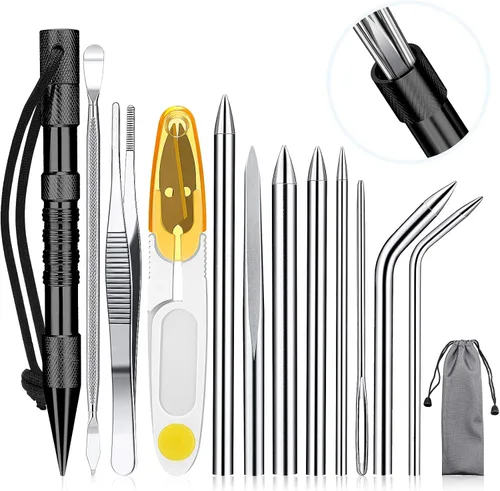 Miniatura 10 de Ferraycle Juego de 12 piezas para anudar paracord de acero inoxidable, juego de pasador paracord, agujas para coser, lacer y alisar para trabajo