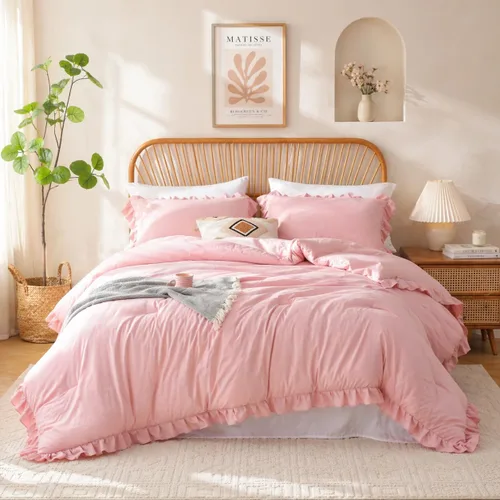 JANZAA juego de edredón de tamaño twin con volantes rosa bebé, 1 funda de almohada, juego de cama suave de tamaño twin, juego de edredón vintage